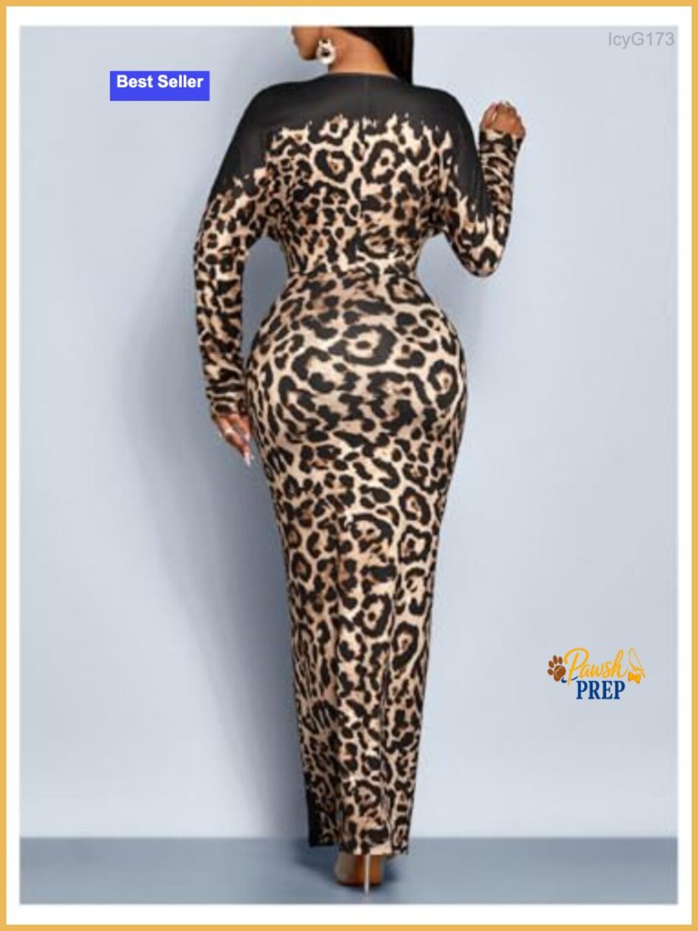 Leopard Print Maxi Dress Bodycon Long Sleeve V-Neck Slit Party - Picture 2 of 4
